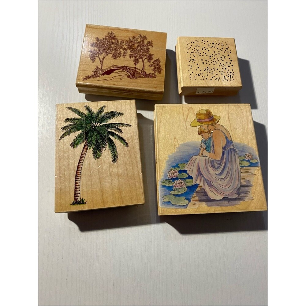 Vintage Rubber Stamp Lot of 4 Scenery Palm Tree Bridge Mother Child Crafting